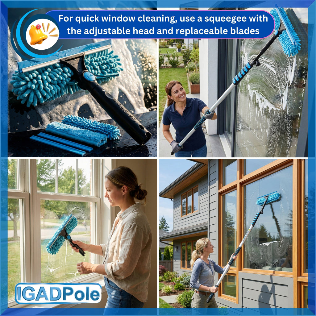IGADPole Water-fed Brush, Cobweb Duster and 10"(25cm) Squeegee (No Pole Included)